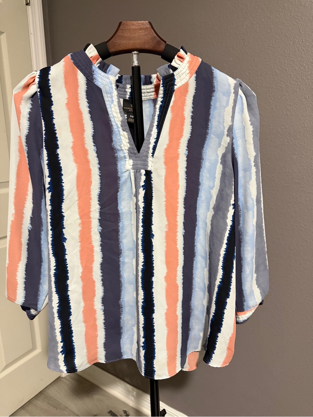 Worthington Striped V-Neck Blouse in Coral, Navy, Light Blue & White